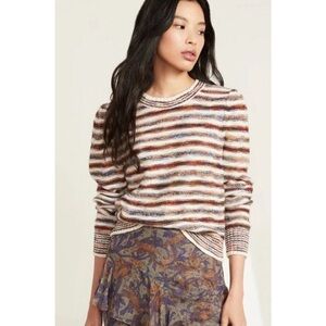 Veronica Beard Striped Crewneck Sweater in Cream, Brown, Rust, Blue